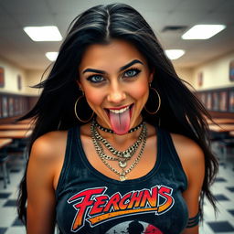 A stunning close-up of a gorgeous female with long, flowing black hair, wearing a faded black tank top that showcases a colorful band logo