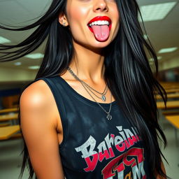 A stunning close-up of a gorgeous female with long, flowing black hair, wearing a faded black tank top that showcases a colorful band logo