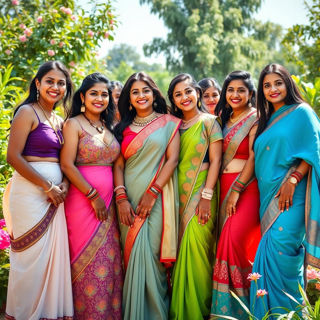 A vibrant and colorful group picture featuring several adult South Asian women, all confidently showcasing their figures