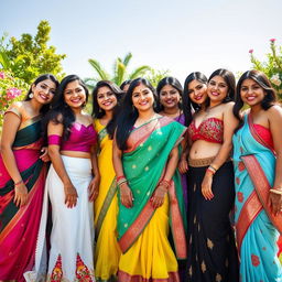 A vibrant and colorful group picture featuring several adult South Asian women, all confidently showcasing their figures