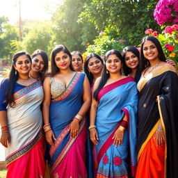 A vibrant and colorful group picture featuring several adult South Asian women, all confidently showcasing their figures