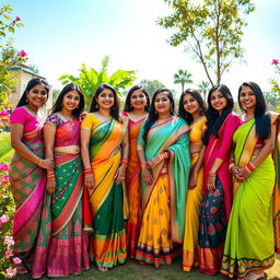 A vibrant and colorful group picture featuring several adult South Asian women, all confidently showcasing their figures