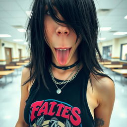 A close-up shot of a gorgeous female with black hair adorned in a faded colorful band logo on her black tank top