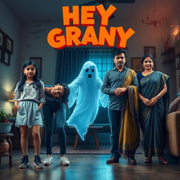 A playful and spooky horror comedy film poster featuring a teenage Indian girl in trendy modern attire, standing confidently with her stylishly dressed parents on one side