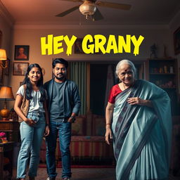 A playful and spooky horror comedy film poster featuring a teenage Indian girl in trendy modern attire, standing confidently with her stylishly dressed parents on one side