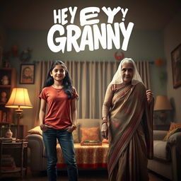 A playful and spooky horror comedy film poster featuring a teenage Indian girl in trendy modern attire, standing confidently with her stylishly dressed parents on one side