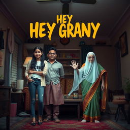 A playful and spooky horror comedy film poster featuring a teenage Indian girl in trendy modern attire, standing confidently with her stylishly dressed parents on one side