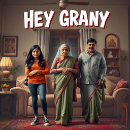 A comedic and spooky horror film poster featuring a teenage Indian girl in trendy modern attire standing alongside her stylishly dressed mom and dad