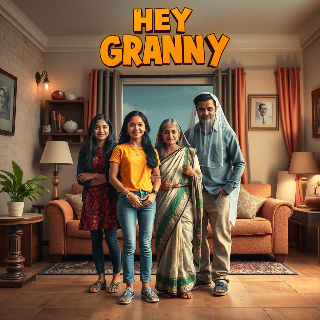 A comedic and spooky horror film poster featuring a teenage Indian girl in trendy modern attire standing alongside her stylishly dressed mom and dad