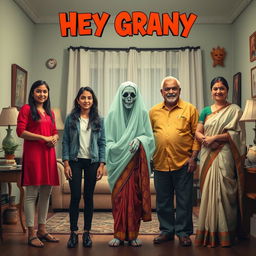 A comedic and spooky horror film poster featuring a teenage Indian girl in trendy modern attire standing alongside her stylishly dressed mom and dad