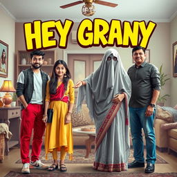 A comedic and spooky horror film poster featuring a teenage Indian girl in trendy modern attire standing alongside her stylishly dressed mom and dad