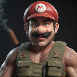 A hyper-realistic image of Mario from the Super Mario series, now worn and haggard with a lit cigar in his mouth, draped in extremely realistic and detailed special forces combat gear.