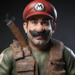 A hyper-realistic image of Mario from the Super Mario series, now worn and haggard with a lit cigar in his mouth, draped in extremely realistic and detailed special forces combat gear.