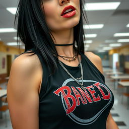 A close-up on the chest and torso of a gorgeous female with striking black hair, wearing a faded colorful band logo black tank top that highlights her large chest and cleavage