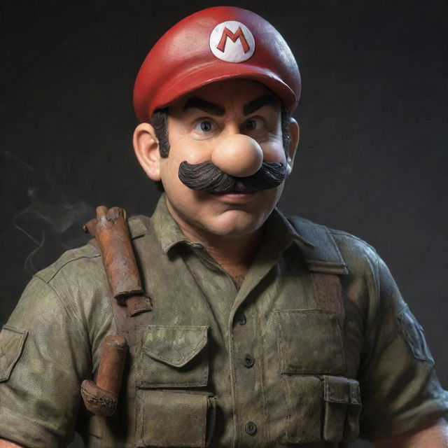 A hyper-realistic image of Mario from the Super Mario series, now worn and haggard with a lit cigar in his mouth, draped in extremely realistic and detailed special forces combat gear.