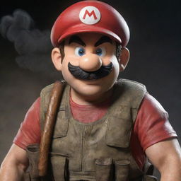 A hyper-realistic image of Mario from the Super Mario series, now worn and haggard with a lit cigar in his mouth, draped in extremely realistic and detailed special forces combat gear.