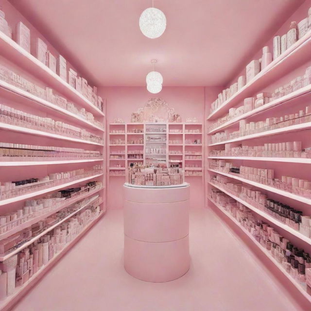 An enchanting makeup store adorned in pastel pink color, showcasing a variety of beauty products attractively arranged on sophisticated shelves.