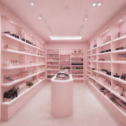 An enchanting makeup store adorned in pastel pink color, showcasing a variety of beauty products attractively arranged on sophisticated shelves.