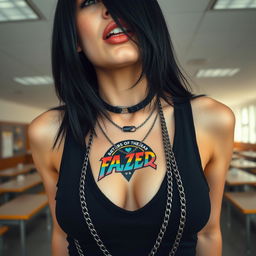 A close-up torso shot of a gorgeous female with striking black hair, wearing a black tank top featuring a faded colorful band logo