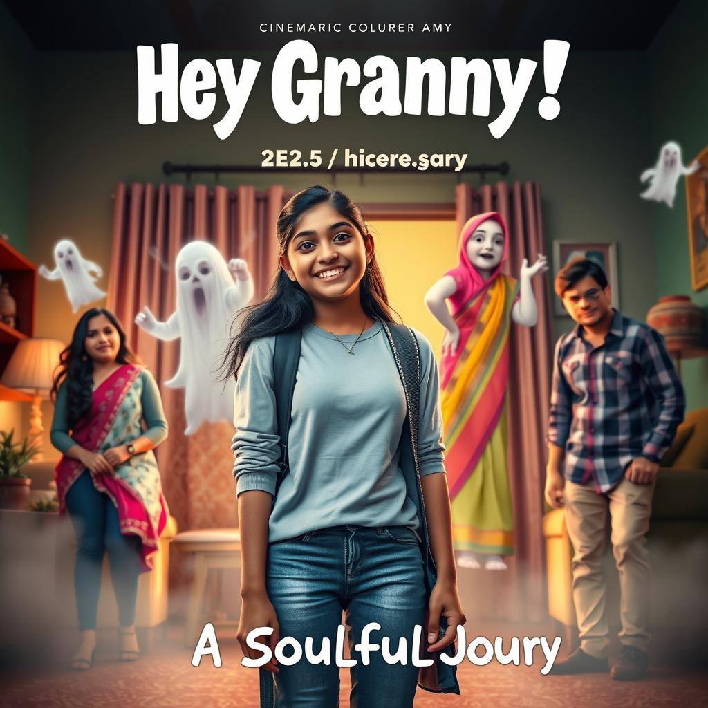 A cinematic horror comedy film poster titled 'Hey Granny!' featuring a teenage Indian girl in modern casual attire, smiling and full of life