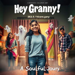 A cinematic horror comedy film poster titled 'Hey Granny!' featuring a teenage Indian girl in modern casual attire, smiling and full of life