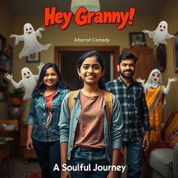 A cinematic horror comedy film poster titled 'Hey Granny!' featuring a teenage Indian girl in modern casual attire, smiling and full of life