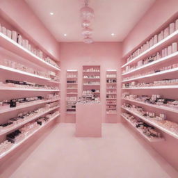 An enchanting makeup store adorned in pastel pink color, showcasing a variety of beauty products attractively arranged on sophisticated shelves.