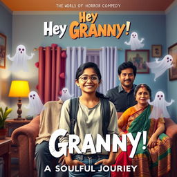 A cinematic horror comedy film poster titled 'Hey Granny!' featuring a teenage Indian girl in modern casual attire, smiling and full of life