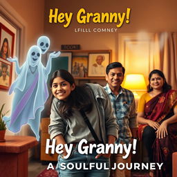 A cinematic horror comedy film poster titled 'Hey Granny!' featuring a teenage Indian girl in modern casual attire, smiling and full of life