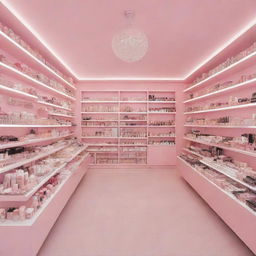 An enchanting makeup store adorned in pastel pink color, showcasing a variety of beauty products attractively arranged on sophisticated shelves.