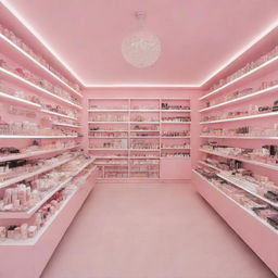 An enchanting makeup store adorned in pastel pink color, showcasing a variety of beauty products attractively arranged on sophisticated shelves.