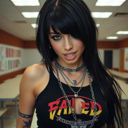 A close-up shot of a gorgeous female with striking black hair and a black tank top featuring a faded, colorful band logo