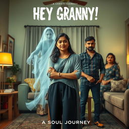 A cinematic horror comedy film poster featuring a teenage Indian girl in modern dress, standing confidently