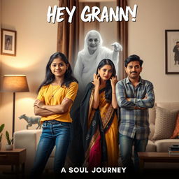 A cinematic horror comedy film poster featuring a teenage Indian girl in modern dress, standing confidently