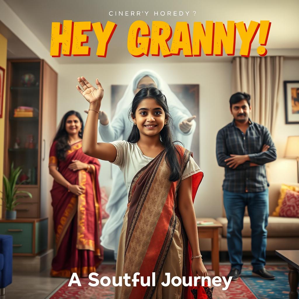 A cinematic horror comedy film poster titled 'HEY GRANNY!' featuring a teenage Indian girl in modern dress, standing triumphantly