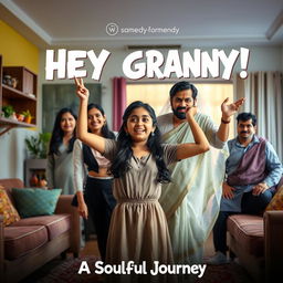 A cinematic horror comedy film poster titled 'HEY GRANNY!' featuring a teenage Indian girl in modern dress, standing triumphantly