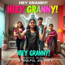 A cinematic horror comedy film poster titled 'HEY GRANNY!' featuring a teenage Indian girl in modern dress, standing triumphantly