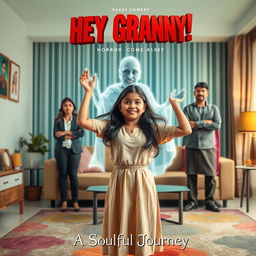 A cinematic horror comedy film poster titled 'HEY GRANNY!' featuring a teenage Indian girl in modern dress, standing triumphantly