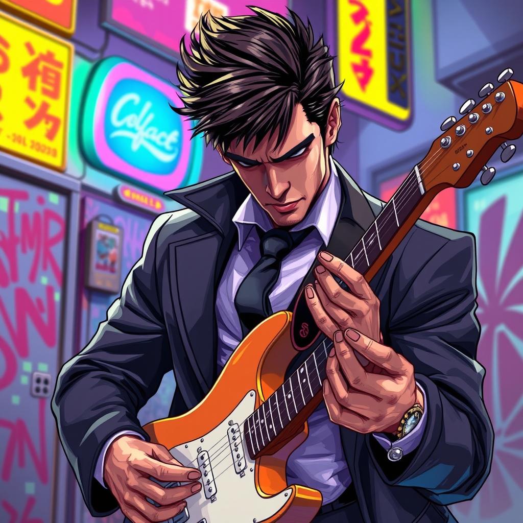 A character inspired by Scarface, depicted as a cool, tough guy with slick hair and a sharp suit, playing an electric guitar while looking down intently at the instrument