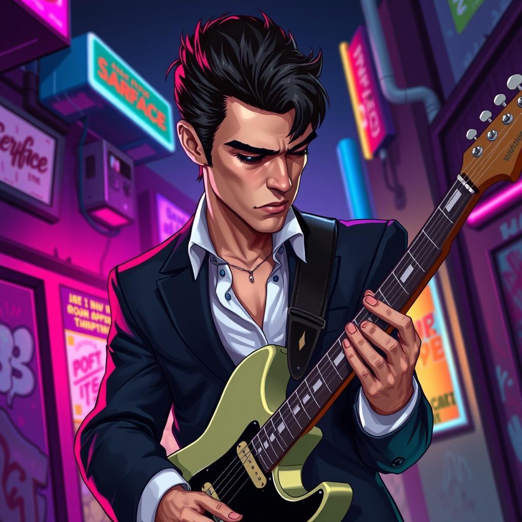 A character inspired by Scarface, depicted as a cool, tough guy with slick hair and a sharp suit, playing an electric guitar while looking down intently at the instrument