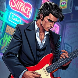 A character inspired by Scarface, depicted as a cool, tough guy with slick hair and a sharp suit, playing an electric guitar while looking down intently at the instrument