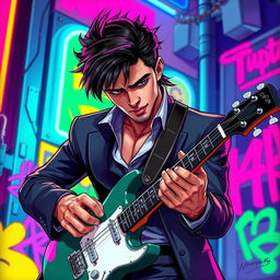 A character inspired by Scarface, depicted as a cool, tough guy with slick hair and a sharp suit, playing an electric guitar while looking down intently at the instrument