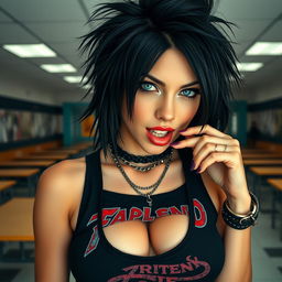 A stunning close-up shot of a gorgeous female with striking black hair styled in a bold punk fashion, wearing a black tank top with a faded, colorful band logo prominently displayed