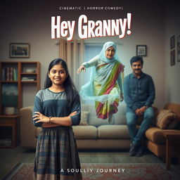 A cinematic horror comedy film poster titled 'Hey Granny!' featuring a teenage Indian girl in modern dress, standing confidently in the foreground