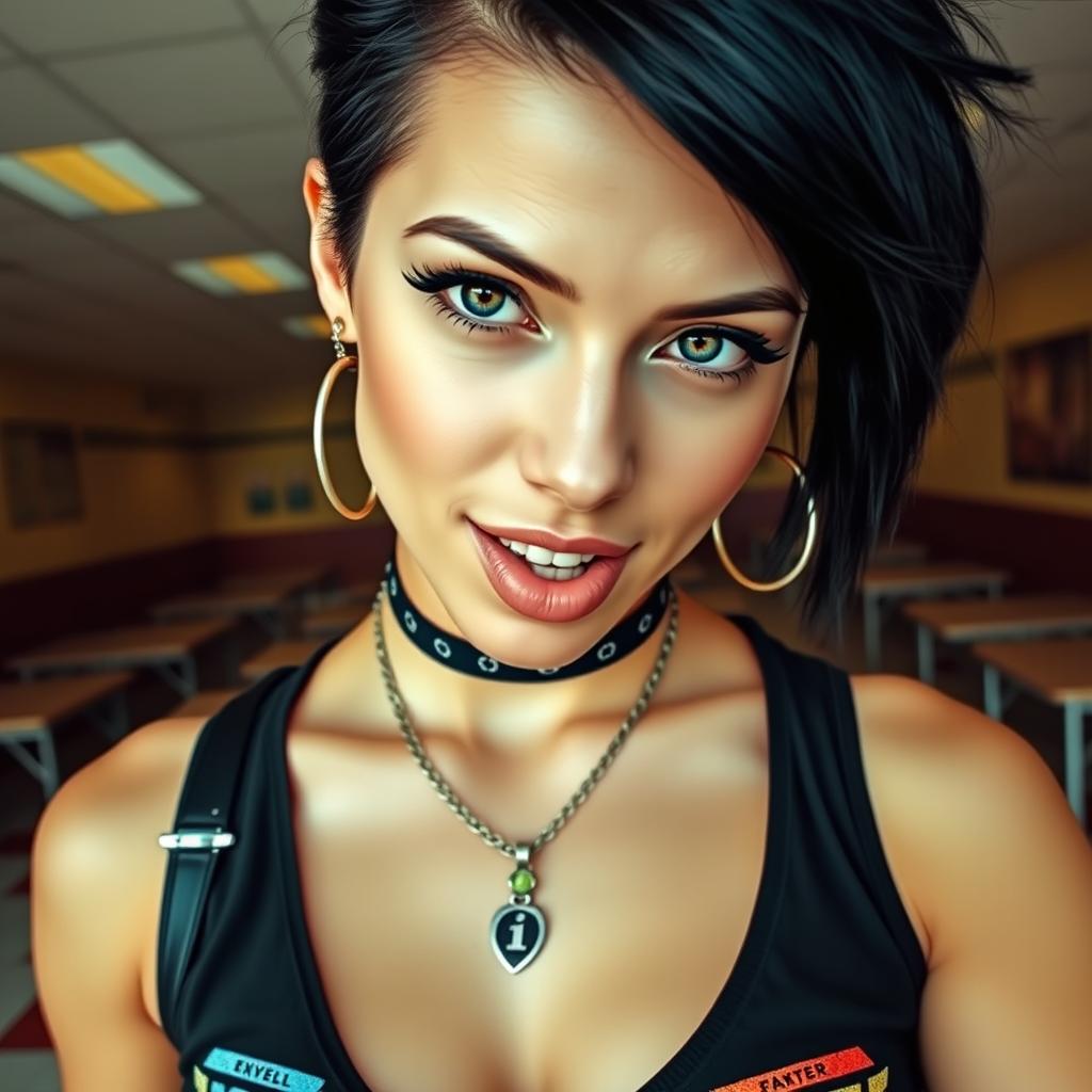 A stunning close-up shot of a gorgeous female with striking black hair styled in a bold punk fashion, wearing a black tank top with a faded, colorful band logo prominently displayed