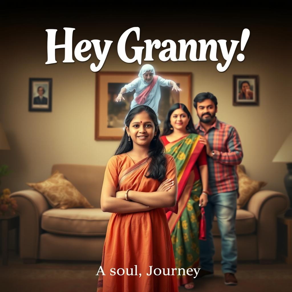 A cinematic horror comedy film poster titled 'Hey Granny!' featuring a teenage Indian girl in modern dress, standing confidently in the foreground