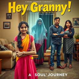 A cinematic horror comedy film poster titled 'Hey Granny!' featuring a teenage Indian girl in modern dress, standing confidently in the foreground