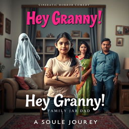 A cinematic horror comedy film poster titled 'Hey Granny!' featuring a teenage Indian girl in modern dress, standing confidently in the foreground