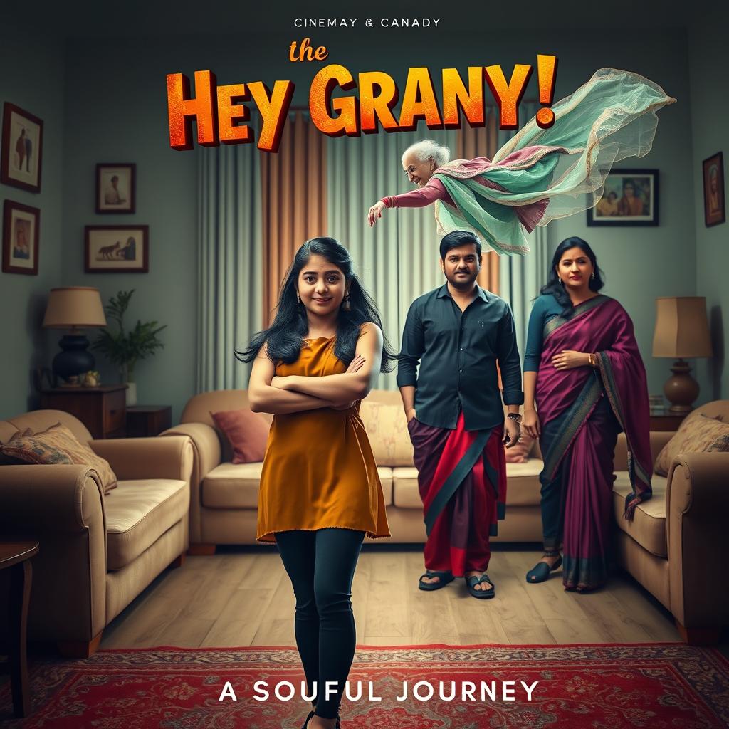 A cinematic horror comedy film poster titled 'Hey Granny!' featuring a teenage Indian girl in stylish modern dress, poised confidently in the foreground