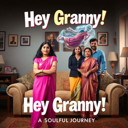 A cinematic horror comedy film poster titled 'Hey Granny!' featuring a teenage Indian girl in stylish modern dress, poised confidently in the foreground